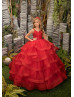 Red Lace Tulle Ruffle Floor Length Flower Girl Dress